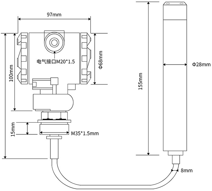 耐酸堿投入式液位計外形尺寸圖